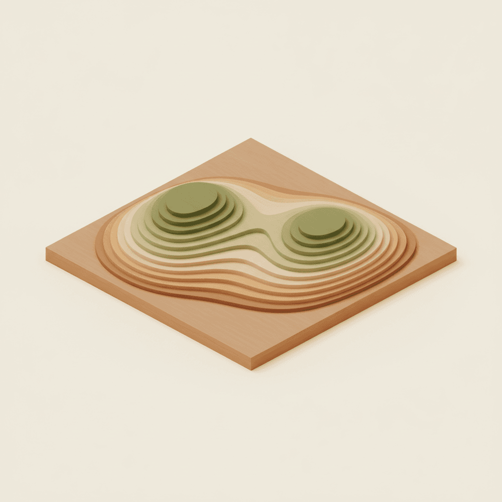 Isometric model of a valley between two rounded hills, built from stacked wooden contour layers